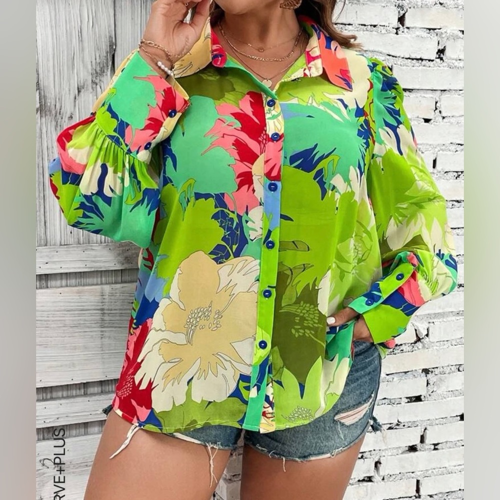 Plus Bright Green Tropical Floral Crepe Button Front Shirt Blouse Size 2x 18 20